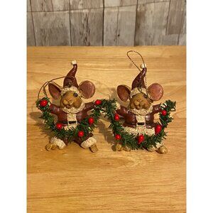 Set of 2 Vintage Kurt Adler Santa Mouse Christmas Tree Ornaments With Garland